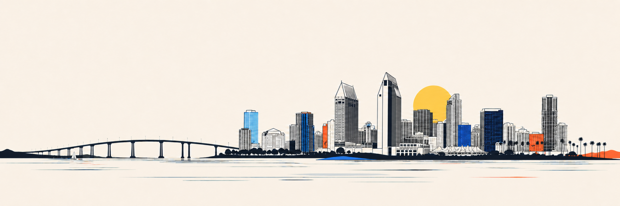 Colorful illustration of the San Diego skyline and coastline at sunset